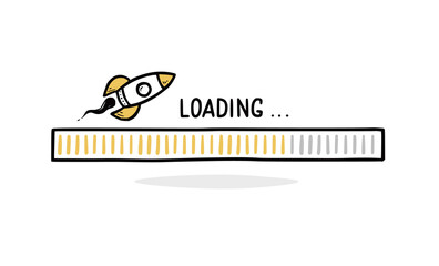 Fast speed loading bar doodle with rocket. Speed progress bar, fast internet concept. Hand drawn line sketch style. Isolated vector illustration.