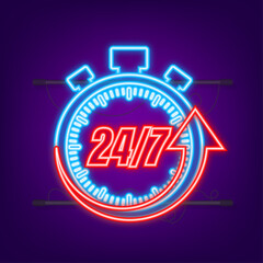 24-7 service concept. 24-7 open. Neon icon. Support service icon. Vector stock illustration