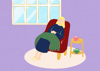 椅子で昼寝をする女性のイラスト