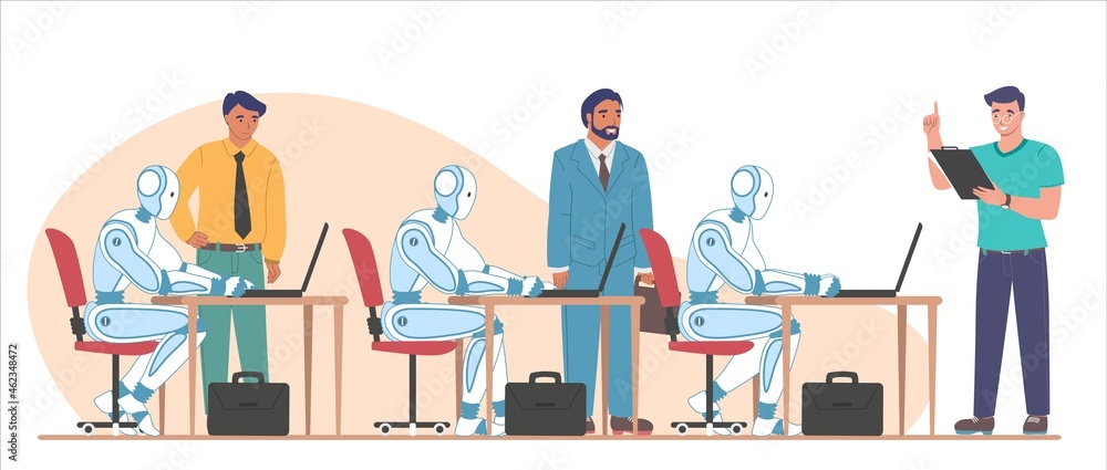 Poster robots working on computers performing tasks, flat vector illustration. ai and rpa, robotic process 