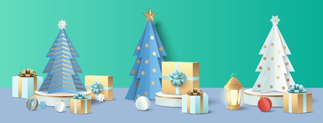 Christmas tree and gift box on display podium set, vector paper cut illustration. Xmas winter holidays presents sale.