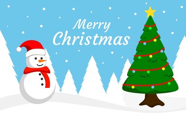 merry christmas background design in blue color with trees and snow. snowman illustration. designs for banner and poster templates.