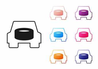 Black Spare wheel in the car icon isolated on white background. Process of replacing the wheel. Storage location of the spare wheel in the trunk. Set icons colorful. Vector