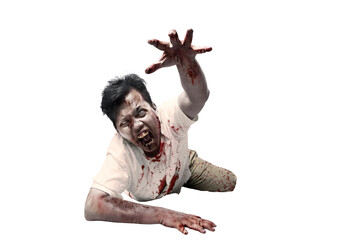 Scary zombie with blood and wound on his body crawling