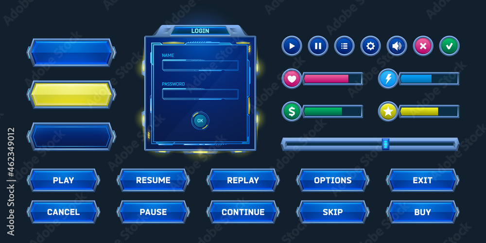 Poster game buttons and frames in sci fi style. design elements, menu and assets for user interface. vector