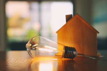 Wood house with Light bulb. energy concept or invention