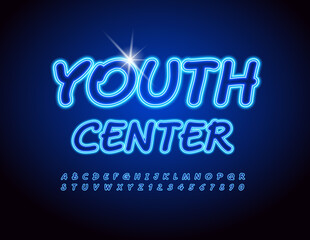 Vector bright Sign Youth Center. Handwritten Blue Font. Glowing  Alphabet Letters and Numbers set