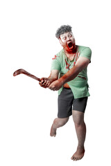 Scary zombie with blood and wound on his body holding sickle standing