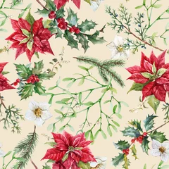 Fotobehang Beautiful floral christmas seamless pattern with hand drawn watercolor winter flowers such as red poinsettia holly. Stock 2022 winter illustration. © zenina