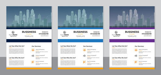 Set of 3 color variation flyer, brochure cover modern layout, annual report, poster, pamphlet template design, letter and a4 size.