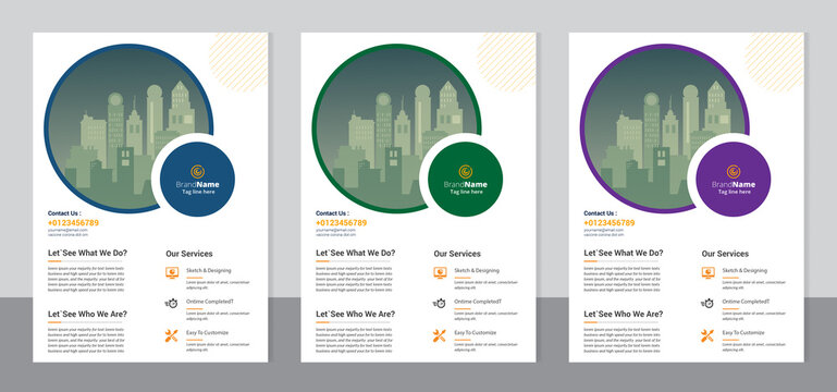 Set of 3 color variation flyer, brochure cover modern layout, annual report, poster, pamphlet template design, letter and a4 size.