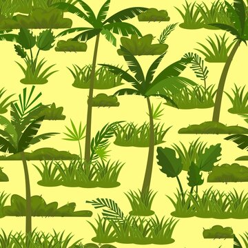 Yellow tropical background with jungle leaves. Thickets with palms in cartoon style. Seamless jungle pattern. Landscape with rainforest vector.