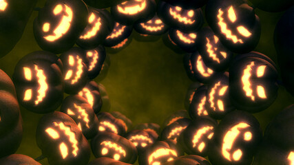 Jack o lantern pumpkins face glow lights tunnel and mystic fog, 3d rendering halloween background with copy space.