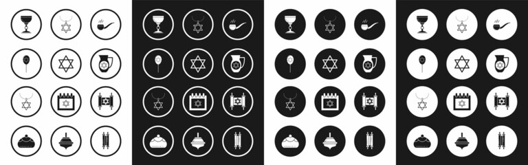 Set Smoking pipe with smoke, Star of David, Balloons ribbon star david, Jewish goblet, Decanter, necklace chain, Torah scroll and icon. Vector