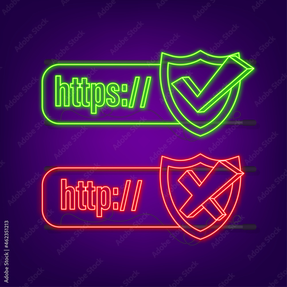 Poster neon style http and https protocols on shield, on dark background. vector stock illustration