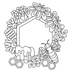 Frame with honeycombs, flowers and a bee. Coloring book page. Black and white Vector background . Copy space for text