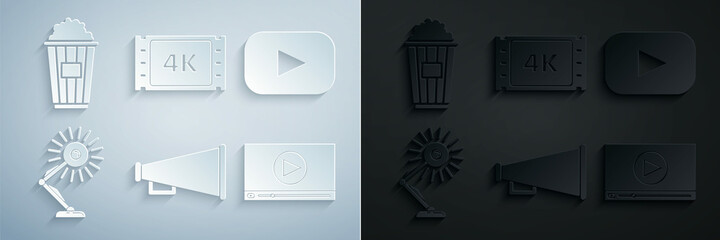 Set Megaphone, Play, Table lamp, Online play video, 4k movie, tape, frame and Popcorn cardboard box icon. Vector