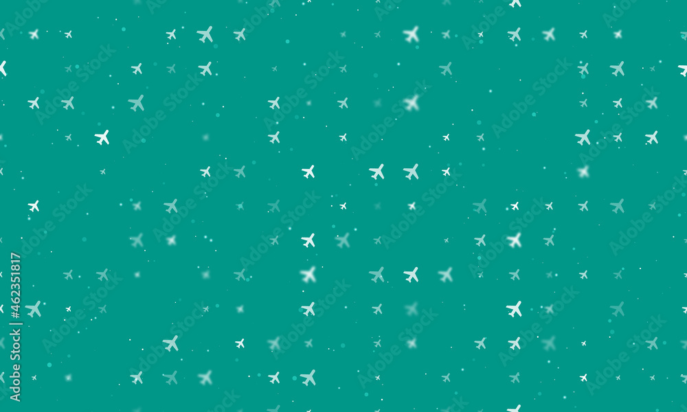 Poster seamless background pattern of evenly spaced white plane symbols of different sizes and opacity. vec