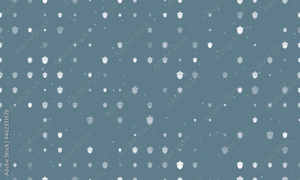 Poster seamless background pattern of evenly spaced white acorn symbols of different sizes and opacity. vec