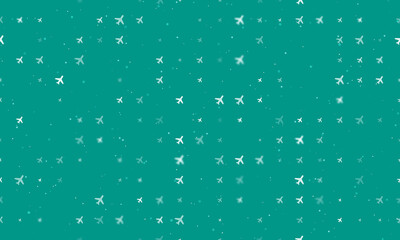 Seamless background pattern of evenly spaced white plane symbols of different sizes and opacity. Vector illustration on teal background with stars