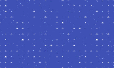 Seamless background pattern of evenly spaced white sunrise at sea symbols of different sizes and opacity. Vector illustration on indigo background with stars