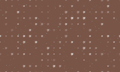 Seamless background pattern of evenly spaced white cosmic symbols of different sizes and opacity. Vector illustration on brown background with stars