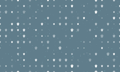Seamless background pattern of evenly spaced white acorn symbols of different sizes and opacity. Vector illustration on blue gray background with stars