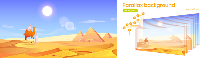 Fototapeta na wymiar Parallax background Egypt desert landscape with pyramids and bedouins with camel. Egyptian scenery view of famous landmark in gold sand dunes. Cartoon nature separated layers, Vector 2d game scene