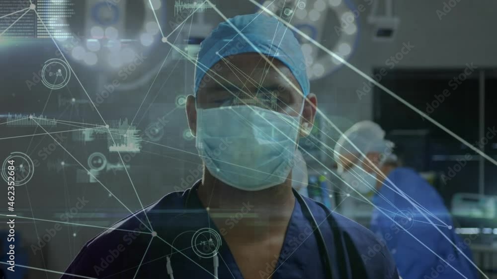 Poster animation of network of connections and data processing over surgeon in operating theater