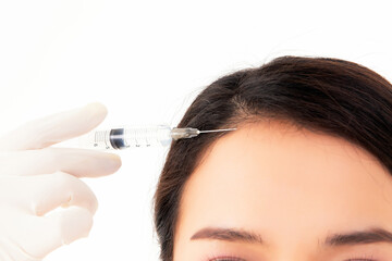 Demo is happy, beautiful woman enhances beauty with forehead injection surgery.