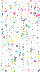 Falling letters of English language. Colorful messy sketch flying words of Latin alphabet. Foreign languages study concept. Positive back to school banner on white background.