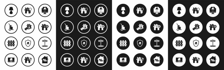 Fototapeta premium Set Monitor with house in heart shape, Realtor, Hand truck and boxes, Table lamp, House dollar symbol, Search, Hanging sign text Sale and Garden fence wooden icon. Vector