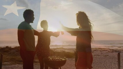 Animation of waving flag of chile over group of friends having fun on the beach - Powered by Adobe