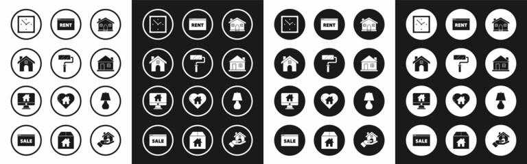 Fototapeta premium Set House, Paint roller brush, Clock, Hanging sign with text Online Rent, Table lamp and Computer monitor smart home icon. Vector