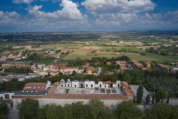 Aerial panorama Solferino Memorial Park, Mantova, Italy. Aerial view Str. Vicinale del Cimitero. Top view of Str. Vicinale of the Cemetery, Mantova.