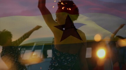 Animation of waving flag of ghana over group of friends having fun on the beach - Powered by Adobe