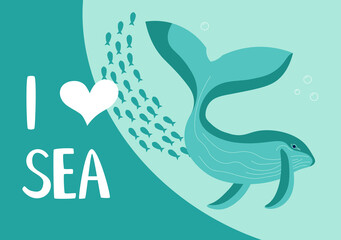 Underwater scene with pair of blue whales on aquamarine background