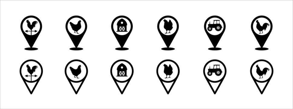 Farm map pin icon set. Farm land location pin map marker icons set. Chicken and rooster poultry place mark.