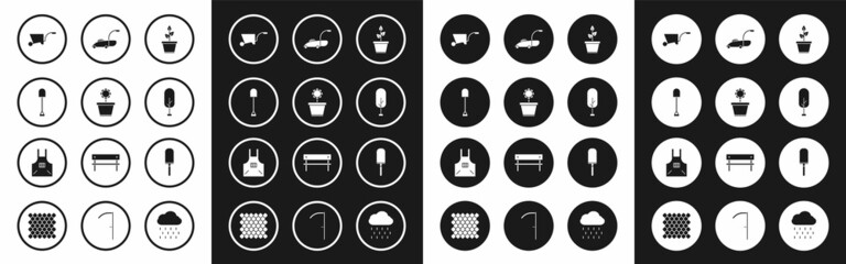 Set Plant in pot, Flower, Shovel, Wheelbarrow, Tree, Lawn mower, Garden trowel spade or shovel and Kitchen apron icon. Vector