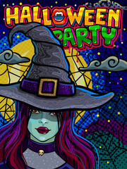 Halloween illustration. Witch in black hat with Halloween Party