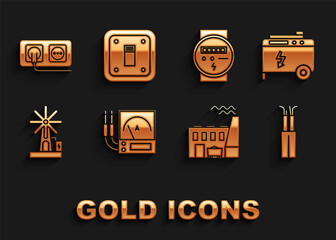 Set Ampere meter, multimeter, voltmeter, Portable power electric generator, Electric cable, Coal plant and factory, Wind turbine, Electrical outlet and light switch icon. Vector
