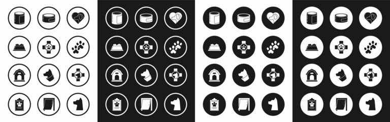 Set Heart with dog, Veterinary clinic symbol, Pet food bowl, Canned, Paw print, and Dog house icon. Vector