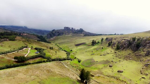 Scenery Of Green Plains And Slopes Within The Archaeological Site In Cumbemayo, Cajamarca In Peru. Aerial Drone