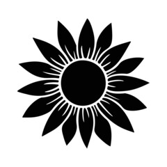 Sunflower simple icon. Flower silhouette vector illustration. Sunflower graphic logo, hand drawn icon for packaging, decor. Petals frame, black silhouette isolated on white background.