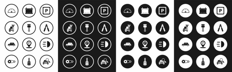Fototapeta premium Set Parking, Engine piston, Car service, Speedometer, battery jumper power cable, High beam and icon. Vector