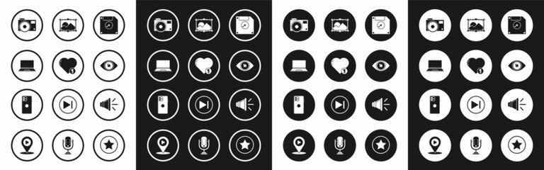 Set Floppy disk for computer data storage, Like and heart, Laptop, Photo camera, Eye, Picture landscape, Speaker volume and Smartphone, mobile phone icon. Vector