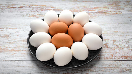 White and brown chicken eggs in a bowl on a rustic wooden table. Top and side views. Farm products concept.