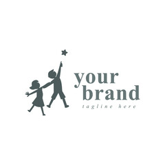 Reach your dreams creative symbol concept. Success, goal, graduate abstract business logo idea. Happy kid, boy and girl silhouette and stars icon. 