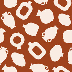 Trendy abstract seamless pattern with silhouette geometric pots and vases on terracotta background. Vector illustration in boho style	
