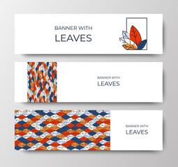 Set of horizontal banners for advertising, invitations, internet sites from colorful leaves. Autumn background for sales. Geometric flat design. Place for your text. Vector illustration